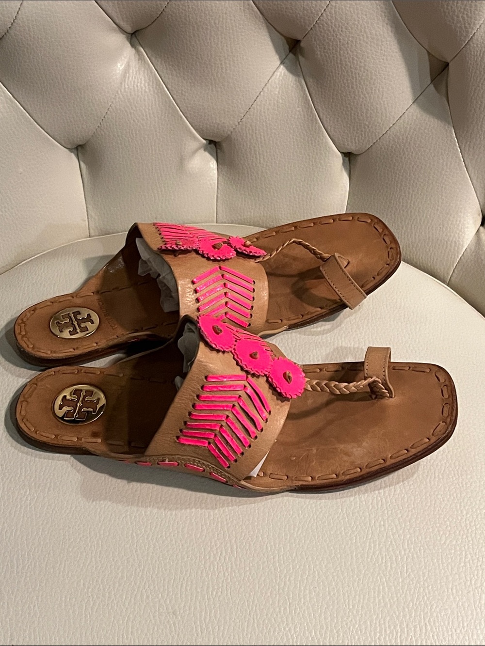 Tory Burch Tan Leather Sandals with Hot Pink Trim RARE FIND BOHO STYLE - Picture 6 of 10